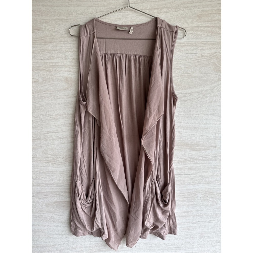 LOGO Lori Goldstein tunic Layering Vest Sheer Front Taupe Color Sz Med W/Pockets